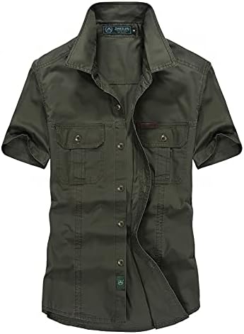 Машки карго кошули за мажи плус големина, летен отворен памук со краток ракав, измиен воен стил, кампување кошула за пешачење врвови