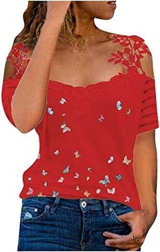 Краток ракав ладно рамо блузи женски V вратот чипка пеперутка опуштена вклопена клучна дупка блузи маица дами БС