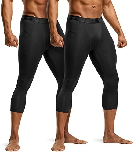 Панталони за компресија на 3/4 за мажи TSLA, тренинзи за тренингот, ладни суви атлетски хеланки на капри, јога салата за теретани