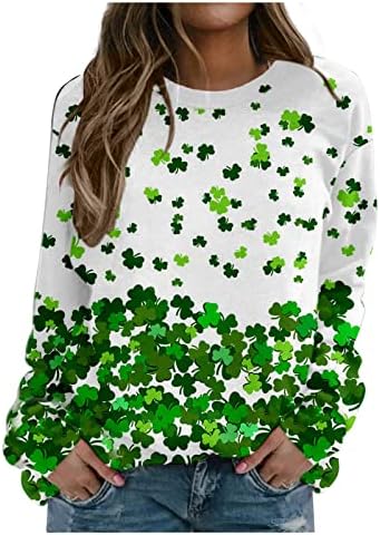 Ден на Сент Патрикс, џемпери за џемпери за жени со долг ракав, пулвер, Шамрок, графички печатење, маица за ирски подароци, маица за подароци