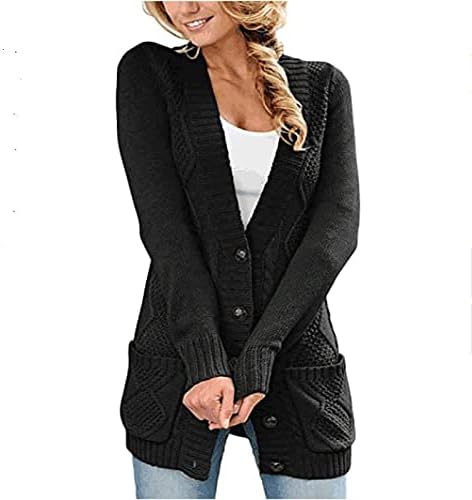 Отворете ги предните плетени кардигани за жени случајни класични кабелски џемпер палто со долг ракав цврсто копче лабави кардигани со џебови