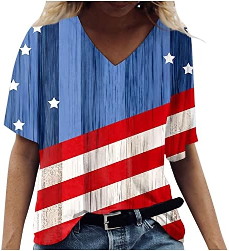 Кошули со краток ракав за кратки ракави за жени Графички ден за независност на вратот Врв, обични блузи кошула удобна кошула за