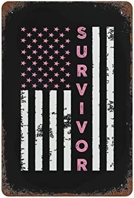 Рак на дојка Тенки розови линии Американско знаме преживеан алуминиумски знак за рак на дојка Метал wallид знак ретро уметнички метални знаци