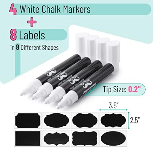 Г-дин Пен-бела креда маркери, 4 пакувања, двоен врв, 8 етикети, маркер за бела течна креда, маркери на креда, маркери за бело суво