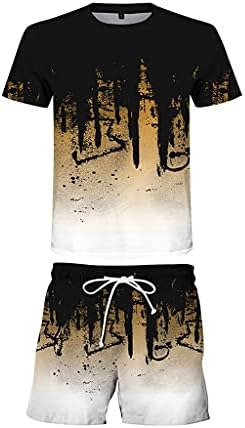PDGJG летен машки костум за фитнес костум за фитнес облека, маица со кратки ракави + цртаат шорцеви 2 парчиња