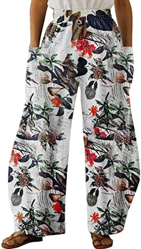 Womenените со високи половини панталони џеб еластично цветно печатење удобно лабаво спортско пантолоно камуфлажа Пан
