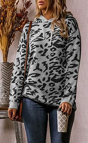 Efanенски женски леопард печати за печатење худи удобни долги ракави плетени џемпери во пад палто пулвер џемпери