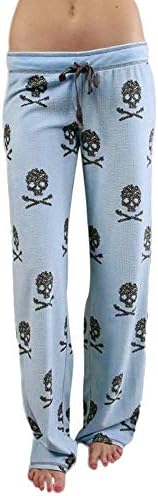 Панталони за пижами за жени меки панталони со цветни печатени салони со средно-половини со џебови што ги влече палацо салон со широки