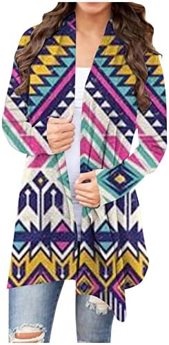Кардиган за женска предна отворена шал -јакна гроздобер геометриски печатени лабави лесни лежерни долги ракави блуза Туника врвови
