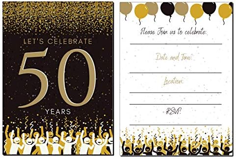 Елцер 50-Ти Роденден Покани / 50 Години / Среќна 50 Годишнина | Црно И Злато | Конфети Стримери Покани За Забава | Пополнете Стил | 20 Брои