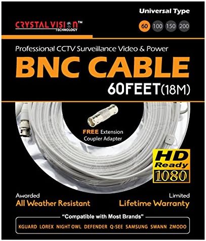 Crystal Vision Premium 1080P HD BNC CCTV Sucvelance Security Combo Combo Cable Premade Siamese W/Coupler за Samsung, Lorex, Swann, Q-See, Defender,