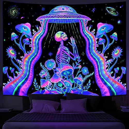 Galoker Blacklight Skeleton Tapestry Trippy Mushroom Floral Tapestry UV Reactive Alien UFO Tapestry Galaxy Space Tapestry Wall wallид