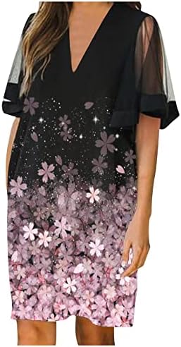 Фустан за печатење со цвеќиња за цвеќиња на жени со цвеќиња со кратки ракави со чипка со врата