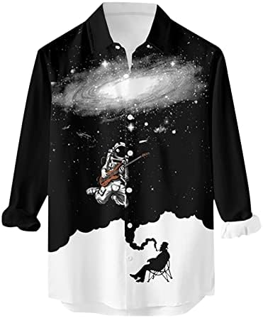 Врвови за машка блуза starвездени небо печати со долг ракав копче надолу со лапчиња плус големина лабава лесна кардиганска кошула врв