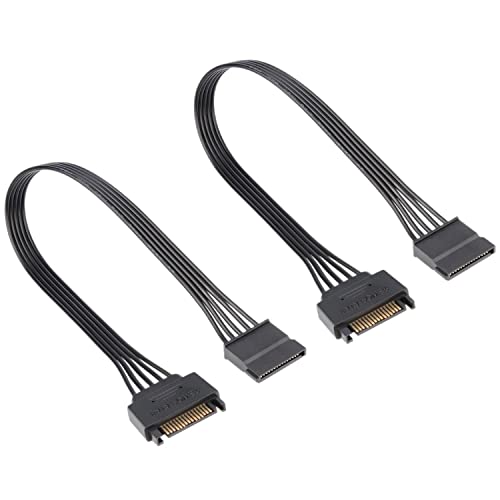 Jx-e SATA Power Cable, 2-пакет машки до женски кабел за продолжување на напојување од 15 пини SATA, 10 инчи, црна