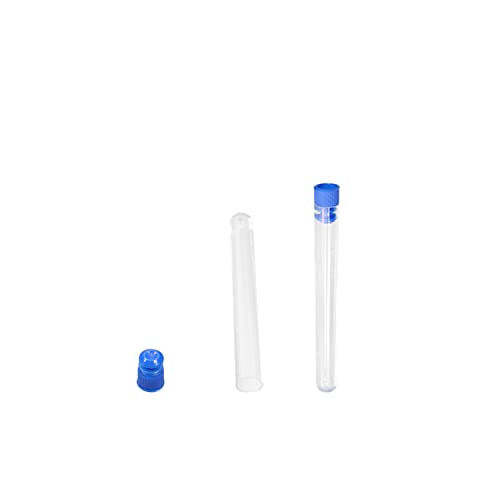Bettomshin 300pcs пластични тест цевки со сина капа, мини тест цевка, 12x100mm, сад за складирање на монистра лабораторија за примерок од примерок