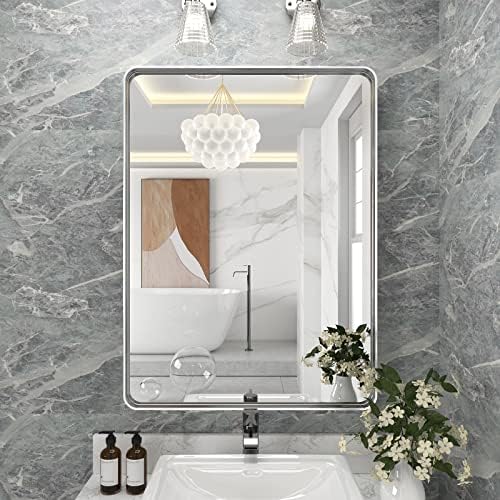 Огледало од сребрена бања 22x30 инчи, заоблен правоаголник сребрена метална рамка огледало, четкан никел, анти-кавга, виси хоризонтално или вертикално