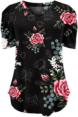 Памук блуза жени кратки ракави за пифон 2023 длабоко в вратот графички печати за печатење цветни обични врвни врвни типови за