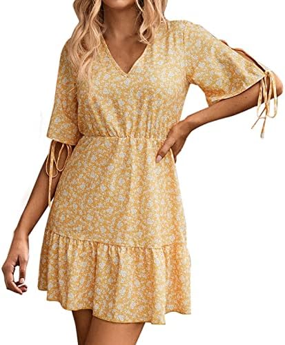 Лето туники женски летен обичен фустан чипка на кратки ракави, руфле полите, мини фустан, женски фустани подолу