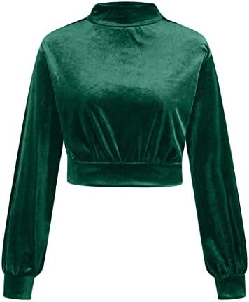 Елегантни врвови со долги ракави на жените околу вратот Гроздобер кадифена блуза велур пуловер обични кошули со цврста боја маици маички