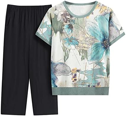 Облека од 2 парчиња за жени плус големина лето лето-лабава лабава вклопена стари лица кои тренираат облека за кратки ракави маица