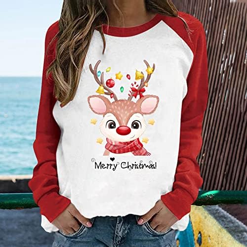 Грд Божиќен џемпер за жени со долги ракави, џемпери на екипаж, предводени светло црвени носени елки Божиќни слатки маички врвови