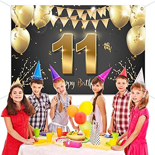 Хамигар 6x4ft Среќен 11 -ти роденден Банер за позадината - 11 години роденденски украси за забави за девојчиња момчиња - црно злато