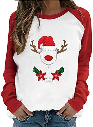 Божиќна џемпер за жени вино стакло графички графички екипа со долги ракави на вратот на вратот на врвовите на маицата лабава Божиќ