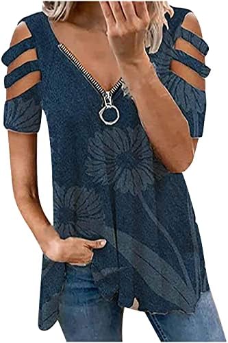 Обични блузи за жени, печати лабава исечена кратка ракав zip v вратот, вклопени маички проточни врвови на туника