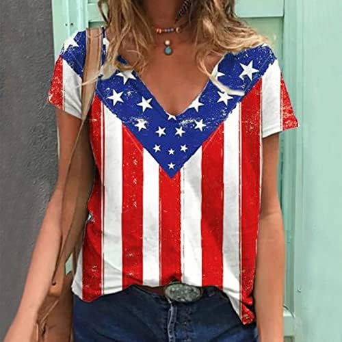 Зефотим женски 4 -ти јули кошула 2023 година краток ракав против вратот лето лето трендовски американско знаме врвови блузи