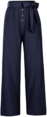 Lенски летен памук и постелнина панталони за летни панталони на половината на половината со широка нозе лабава панталони со должина на