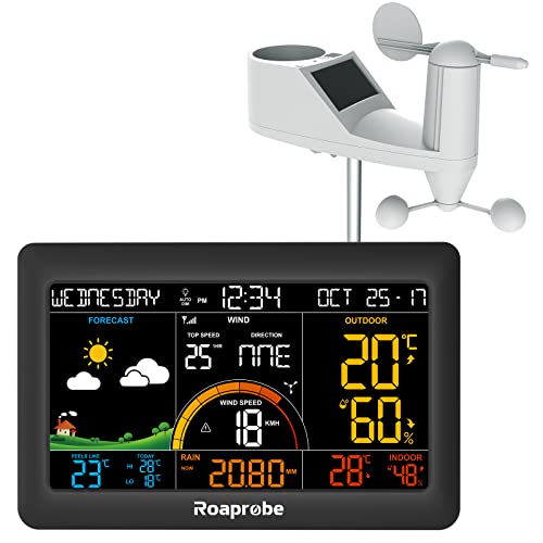 Временска станица безжичен термометар на отворено во затворен простор, 6-во-1 метеоролошка станица со температура, влажност, мерач на ветер, мерач на дожд, временска