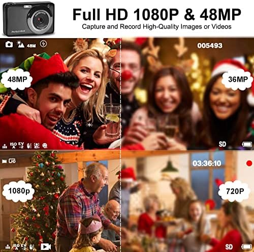 Дигитална камера 48MP HD Компактна камера со 16x дигитален зум 2.7K точка и фотоапарат за снимање, 32 GB SD картичка и 2 батерии
