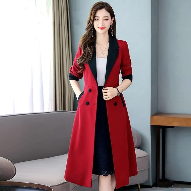 Hsените Hsqibaoer Elegant Long Long Windbreaker Casual A-line Count V-Neck Double Care со ремен канцеларија дама надмоќ