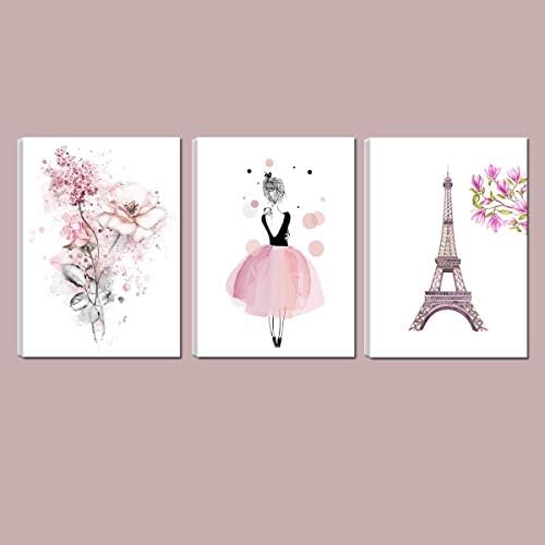 Симпатична розова балерина танчерка Девојка отпечатоци од Париз кула Цветна платно Уметнички отпечатоци за спална соба игротека wallидна уметност