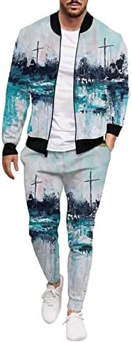 Менс зимска обична улица ткаени јакна јакна панталони масло сликарство геометриски сет со две парчиња и костуми за мажи