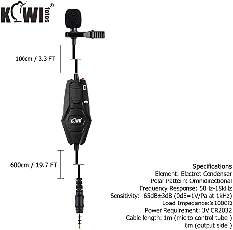 Kiwifotos омнидирекционална лапална лавалиер микрофон со адаптер од 3,5 мм до 6,35 мм, лав-микрофон за камери за камери за камери, зумираат