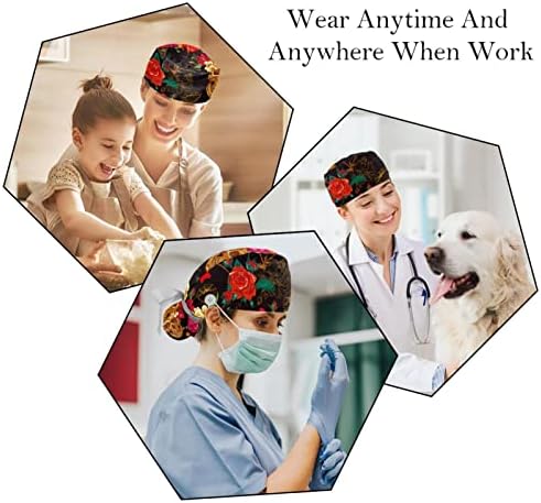 Медицински капачиња за жени со копчиња долга коса, 2 парчиња прилагодливо работно капаче, череп цветен цвет разнобојно