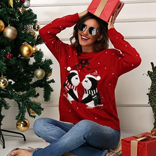 Грд Божиќен џемпер за жени Мери Пингвин џакард-пука лабава пулвер врвови модни обични плетени џемпери
