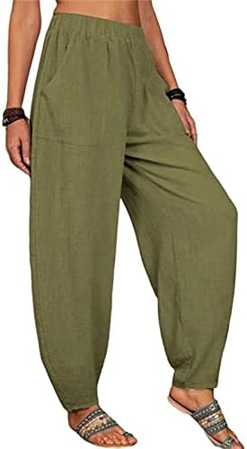 Памучни постелнини панталони женски летни хареми каприс панталони лабави вклопени јога панталони високи еластични половини долги панталони со џебови