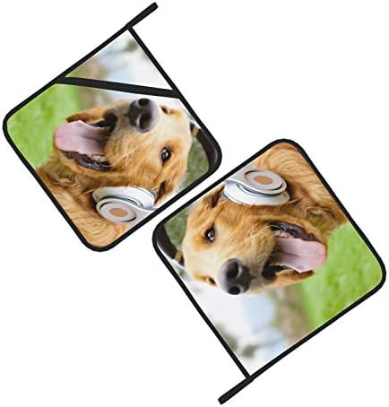 Среќно животно куче уживајте во музиката potholder јамки отпорен на топлина отпорен на топлина Мат 2 парчиња држачи за тенџере за кујна 8