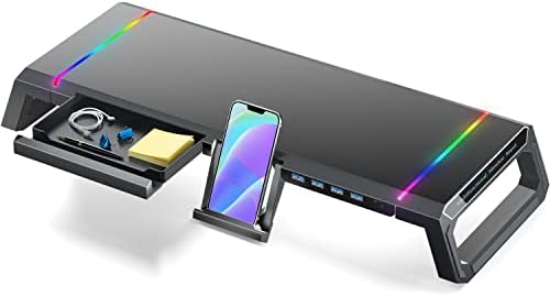 Стенд за монитор за монитори на Topmate за биро RGB светла за игри со USB 3.0, подигнат компјутерски екран на екранот со фиоки