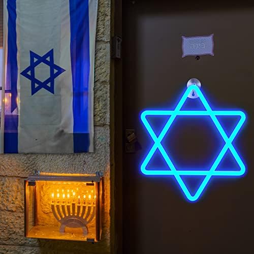 Декорации Hanukkah Star of David Blue Neon прозорец светла, батерија од 12 инчи и USB напојувачки неонски знаци светла со тајмер за Евреите
