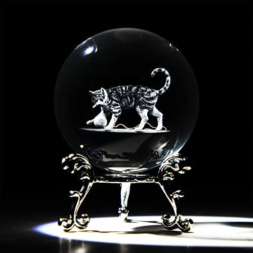 HdcryStalgift 3D кристална топка со сребрена позлатена цветна штанд 2,4 инчи ласерска врежана кристална декоративна топка стаклена