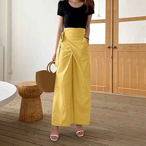 Памучни постелнини панталони за жени обични панталони со цврста боја чипка на џебови панталони панталони