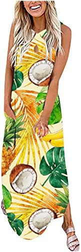 Caseенски обичен макси фустан моден Crisscross v вратот без ракави, долг фустан, цветен печатење летен плажа фустан