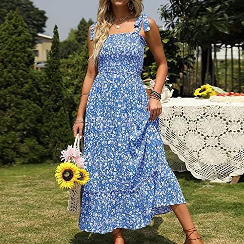 Lutlyенски летни фустани, женски летен обичен моден печати секси ракави без ракави за тресење на половината голема замав А-линија