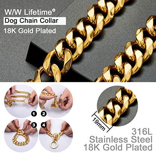 W/w Lifetime кучиња ланец јака метална јака тешка џвакајте доказ за џвакање од 19мм 14k злато позлатен ланец на врски од не'рѓосувачки