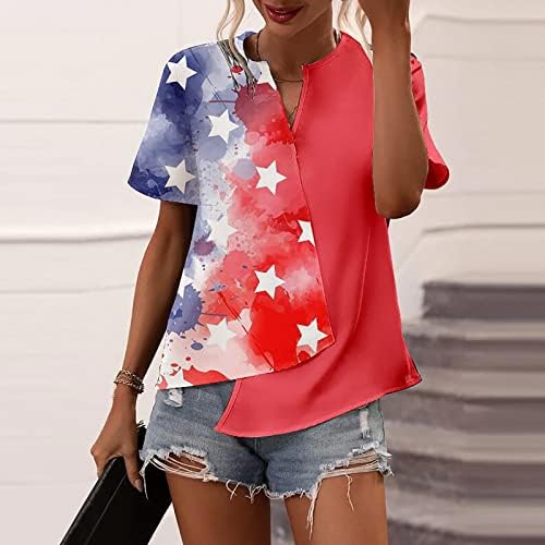 Патриотски кошули за жени во САД знаме маичка Неправилна пом V врат кратки ракави блузи starsвезди ленти вратоврска летна маица
