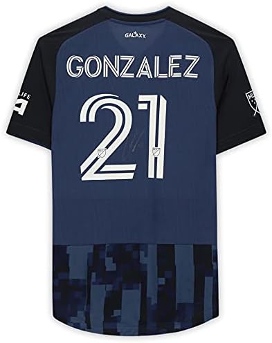 Ianанкарло Гонзалез Ла Галакси Автограмирана меч користена 21 Сина маичка од сезоната МЛС 2020 година - Автограмски фудбалски дресови